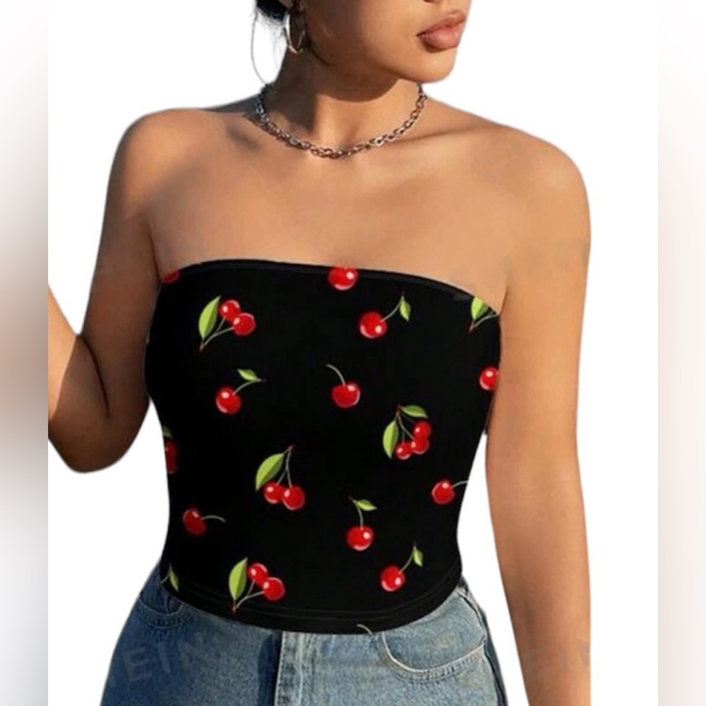 Essnce Cherry Printed Casual Strapless Tight Top, Suitable For Summer